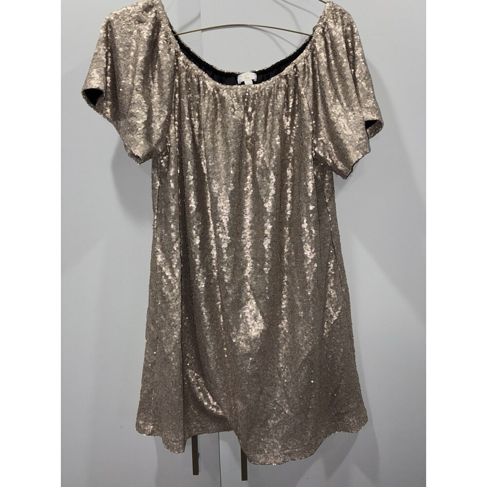Y2K Glam Mini Gold Sequin Shift Dress Scoop Neck Short Sleeve Party Cocktail L